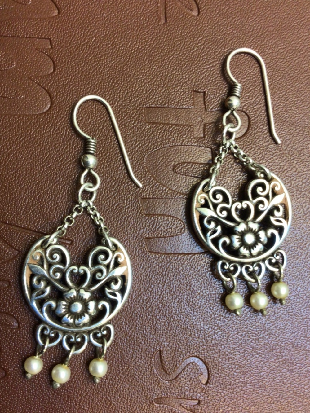 Silver Filigree Chandelier Earrings Floral and Scroll Medallion Dangling Pearls
